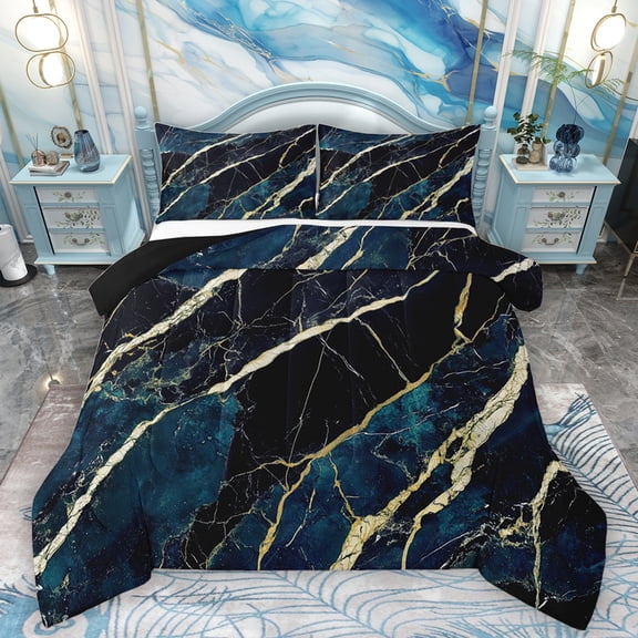 Homewish Marble Texture Road Bedding Comforter Set,Modern Fluid Art Twin Comforter Sets,Gold Black Blue Bedding Set For Girl,Microfiber Room Decoration Reversible,2-Piece