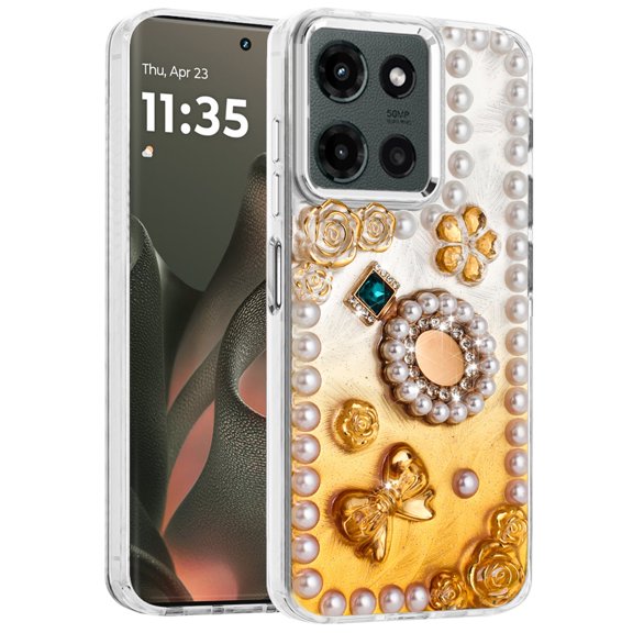 Case for Motorola Edge 2025 Bling Fashion Design with 3D Pearls Epoxy Glitter Ornaments Chrome Edge Hard Slim PC, XPM Phone Cover fit Motorola Moto Edge (2025) [Fashion Yellow]