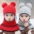 thumbnail image 1 of Cheers Baby Winter Double Pompom Warm Hat Knitted Cap One Piece Earmuff Neck Gaiter, 1 of 2