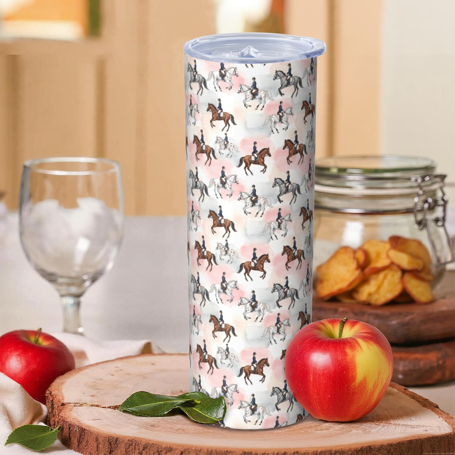 20oz Stainless Steel Skinny Tumbler, Double Wall Travel Mug with Lid and Straw,Horse Equestrian Pink Pattern