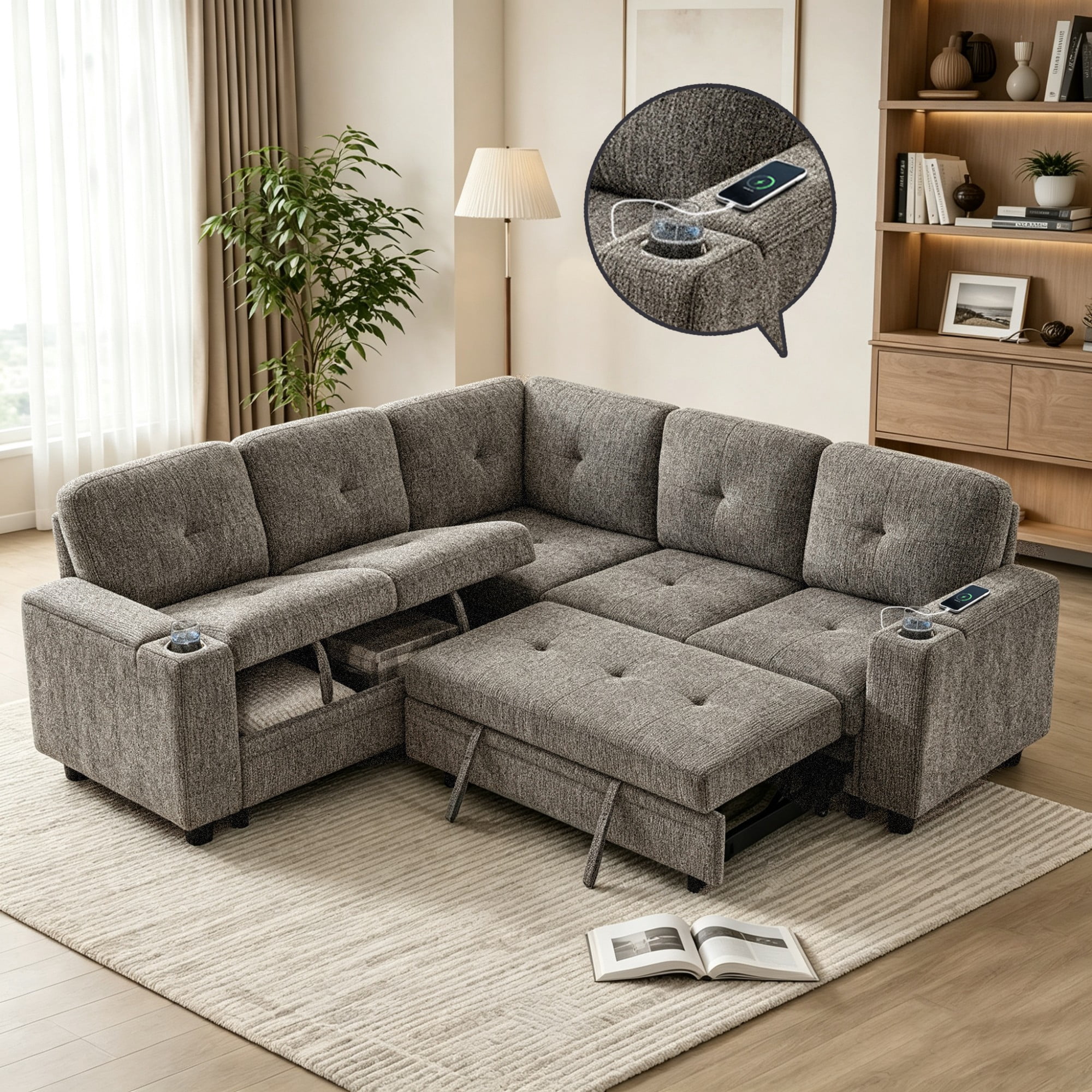 Gewnee L-Shaped Sectional Sofa,Modern Chenille Modular Sofa with Storage Function,USB‑C Charging Ports & Cup Holders,Pull Out Couch for Living Room,Grey