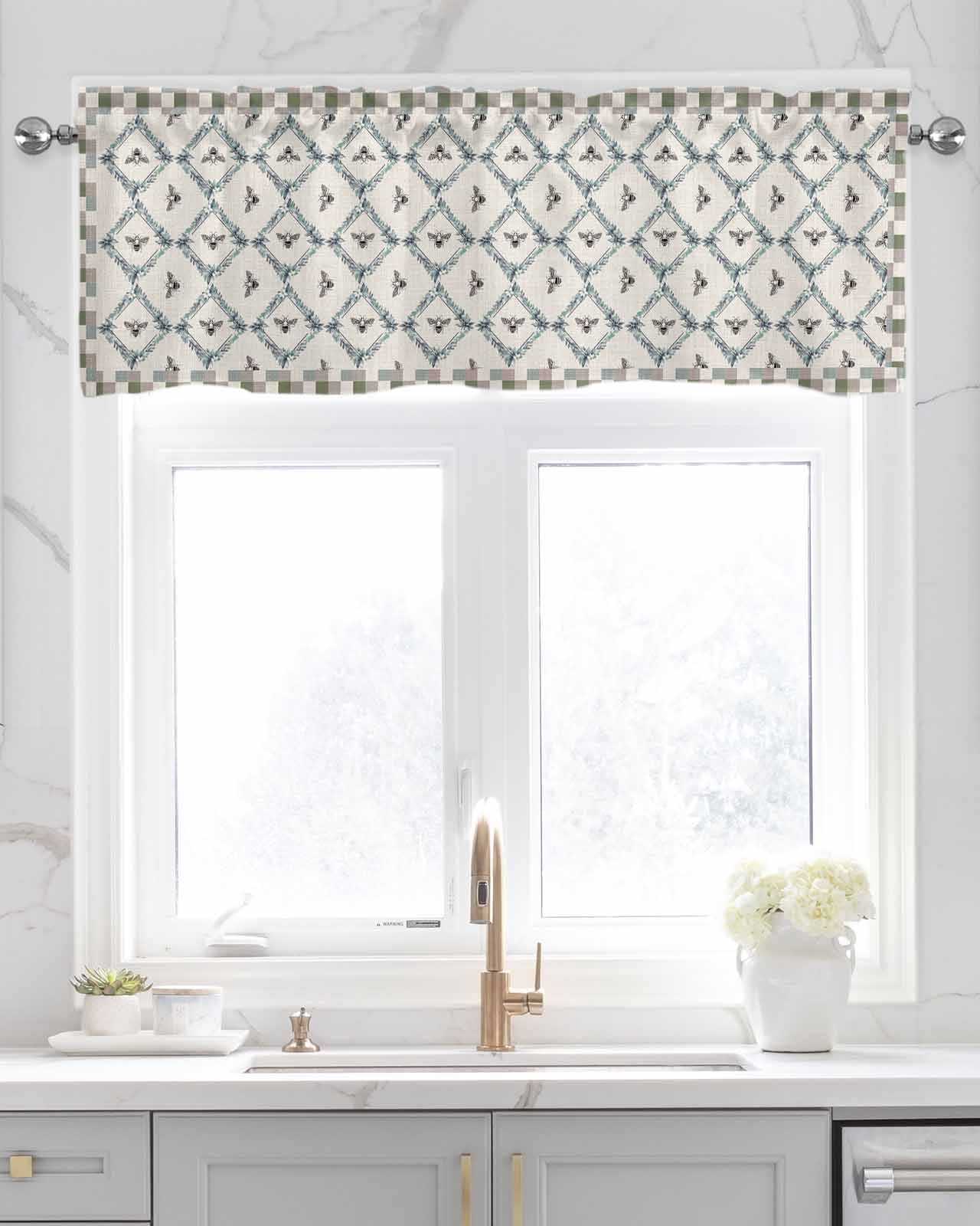 Botanical Bee Linen Curtain Valance for Bedroom/Bathroom/Kitchen/Office/Living/Dining Room Window,Teal Blue Grey Buffalo Farmhouse Plaid Pocket Topper Drapes Decorative Cafe Drapery Panel 54"x18"