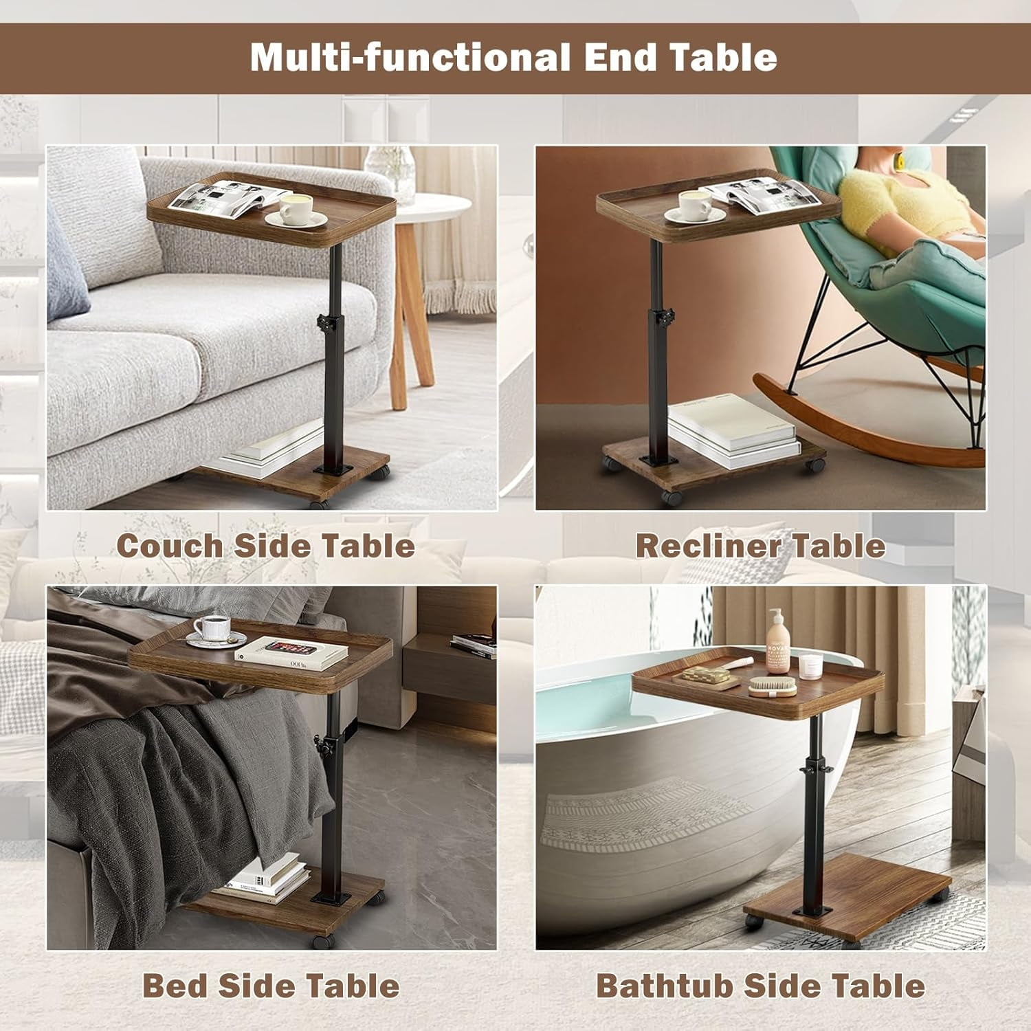 StarZe Adjustable Height C Shaped End Table,360° Swivel Side Tables with Wheel  for  Livingroom, Bedroom,Primary.