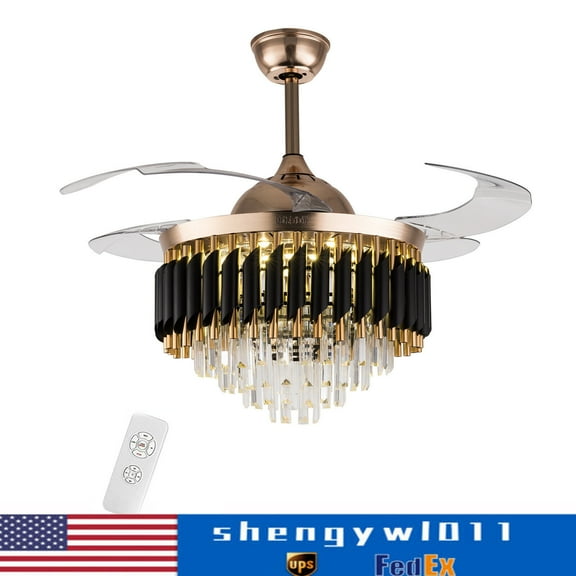 Crystal LED Ceiling Fan Light Chandelier Retractable Blades w/Remote Control 42"