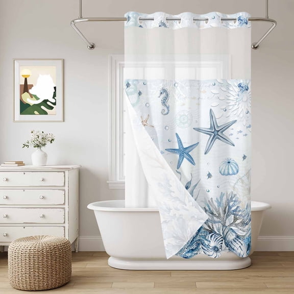 No Hook Shower Curtain with Snap in Liner, Underwater Blue Coral Shells Starfish Conch Curtain Set See-Through Top Double Layers Blue Seahorse Shower Curtains for Bathroom Decor, 36x72in