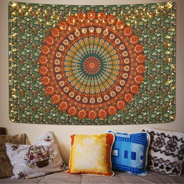 Bohemian Mandala Tapestry Hippie Tapestries Psychedelic Peacock Boho Tapestry  Wall Hanging for Bedroom（Golden Green, 51.2 x 59.1 inches） 