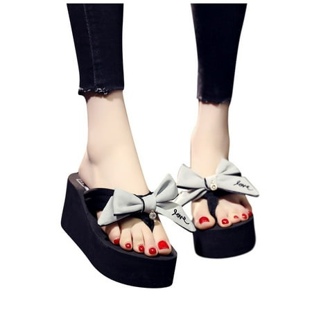 

iOPQO Women Flip Flops Women Wedges Beach Shoe Indoor&Outdoor Non-Slip Slippers Platform Home Slippers Bow Wedge Sandals Ladies Outer Grey 39