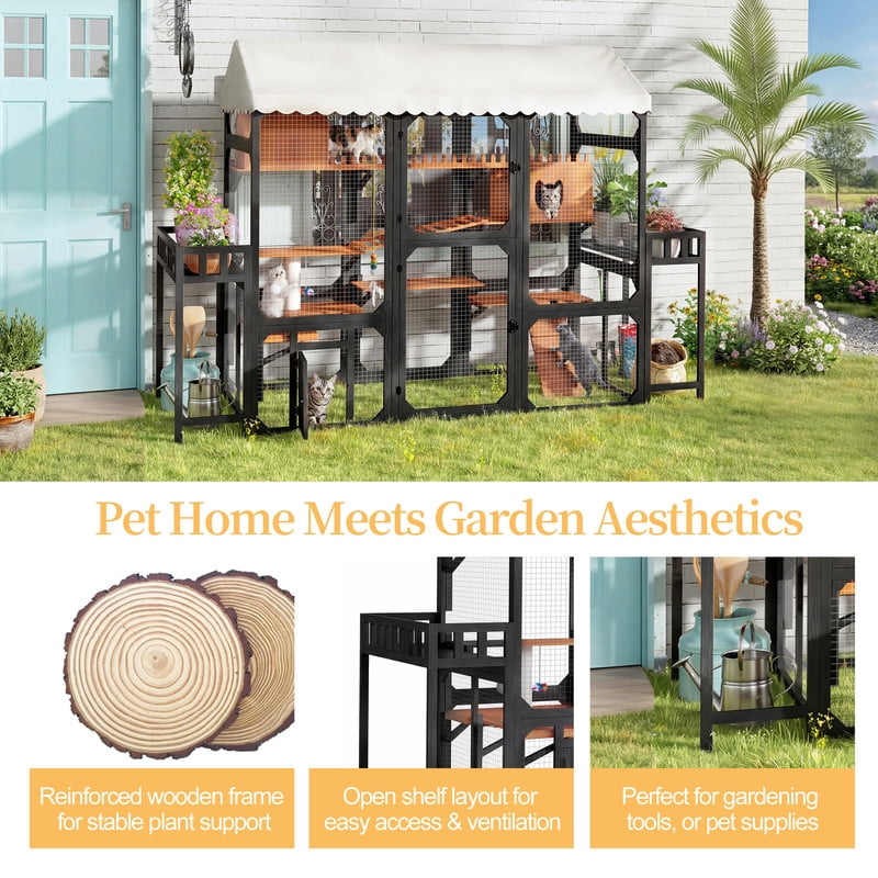 Mirightone Catio Outdoor Cat Enclosures Window with Wire Mesh & 2 Plant Stands, Large Outside Cat House with Weatherproof, Resting Box, Climbing Ramps for Backyard - Black