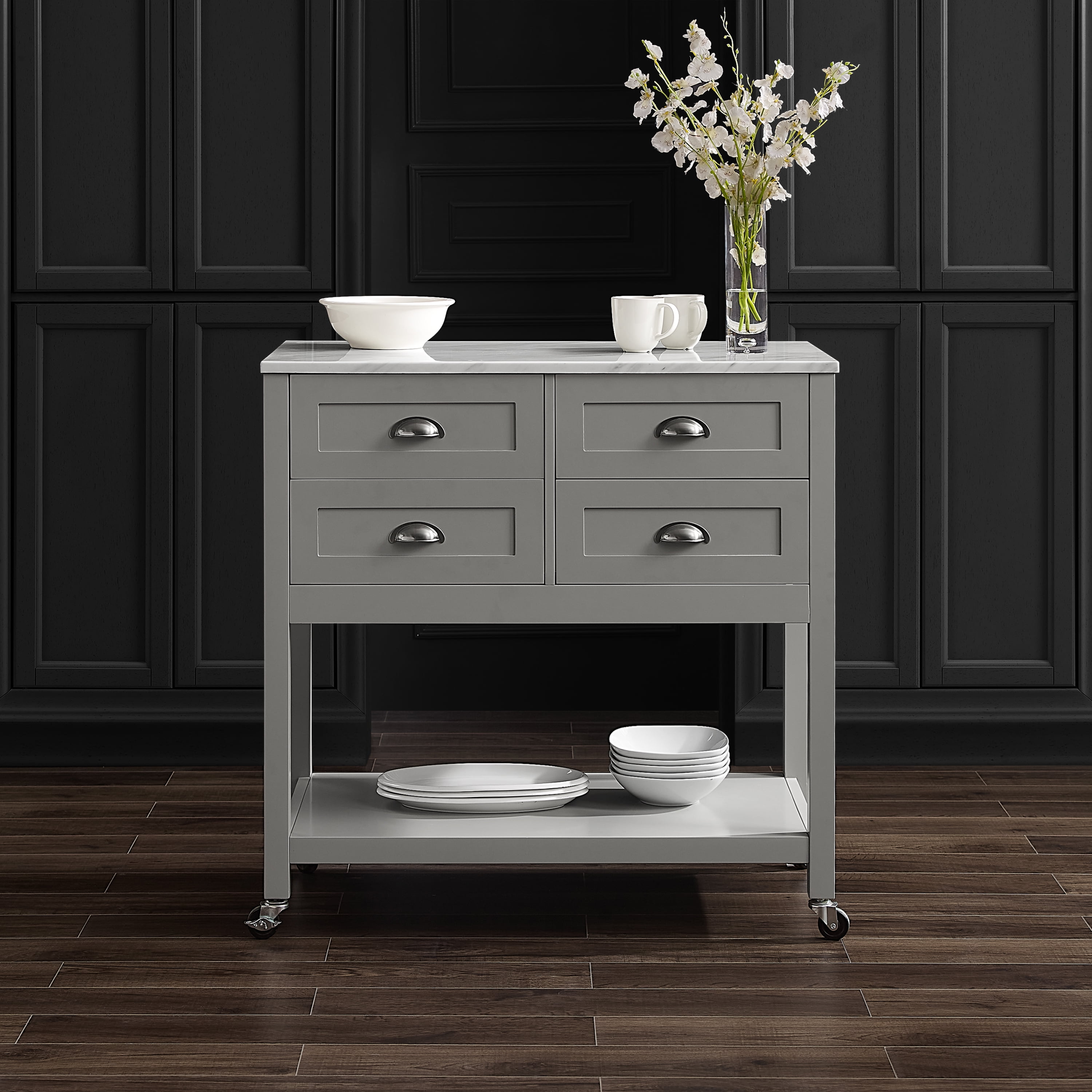 Crosley Furniture Connell Rolling Kitchen Island Cart, Microwave Stand, Coffee Bar with Storage Drawers