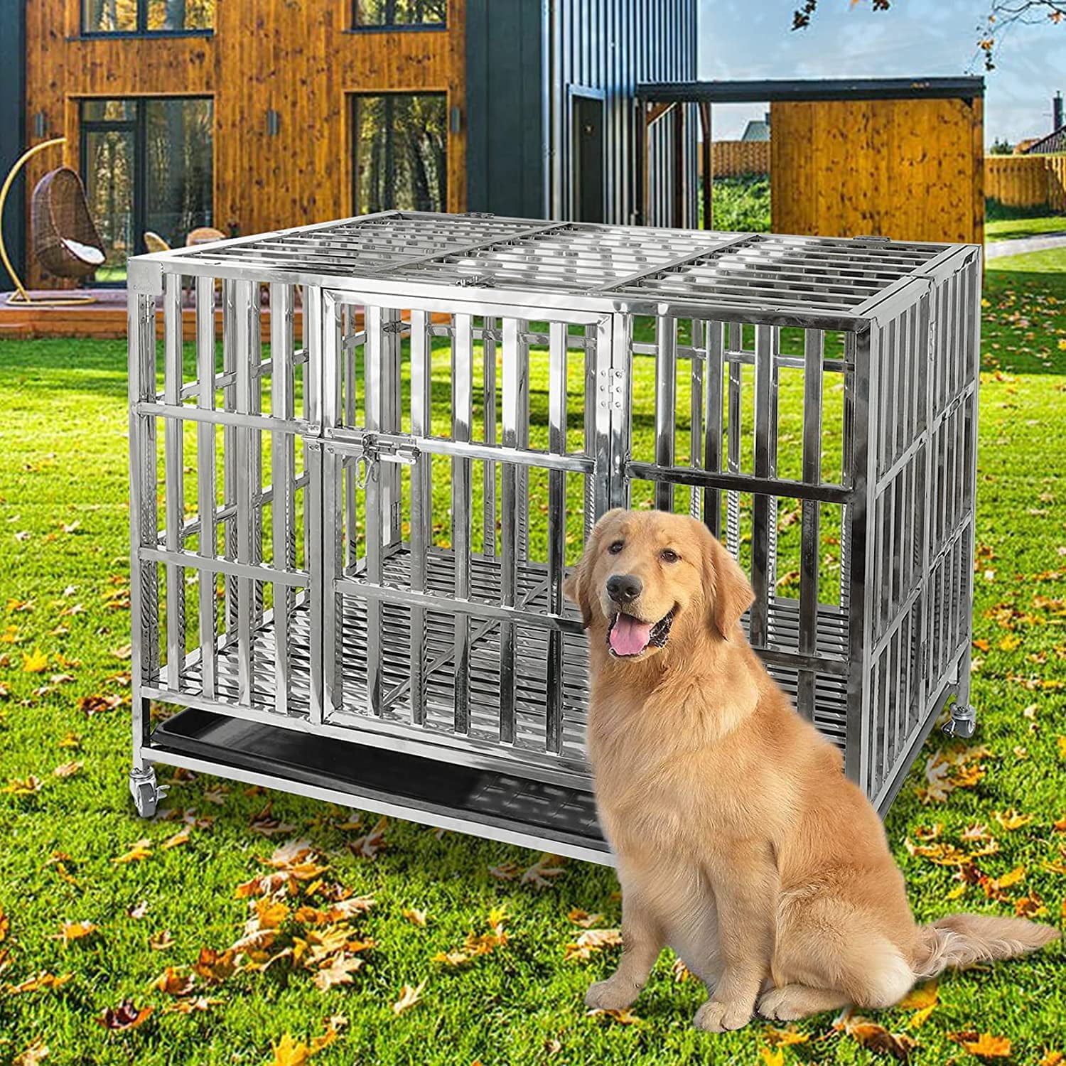 Confote 42" Heavy Duty Stainless Steel Dog Cage Kennel Crate and Playpen for Training Large Dog Indoor Outdoor with Double Doors & Locks Design Included Lockable Wheels Removable Tray No Screw