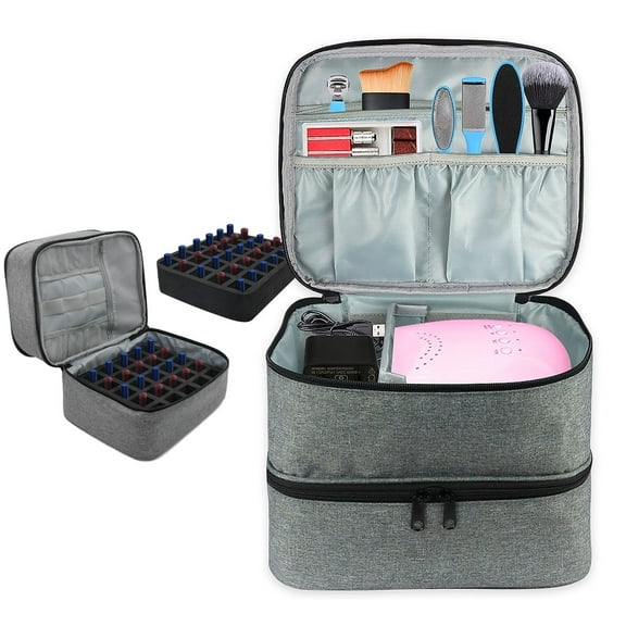 Pinkiou Nail Polish Organizer Case Double Layer Design Nail Organizers and Storage 30 Bottles Nail Polish Holder with Adjustable Dividers for Nail Art Nail Supplies Organizer Bag for UV Nail Tech