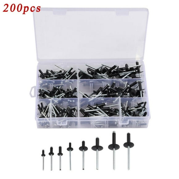 200 Pcs Assorted Black Rivets Standard & Large Flange Aluminum Alloy 8Mm-18Mm
