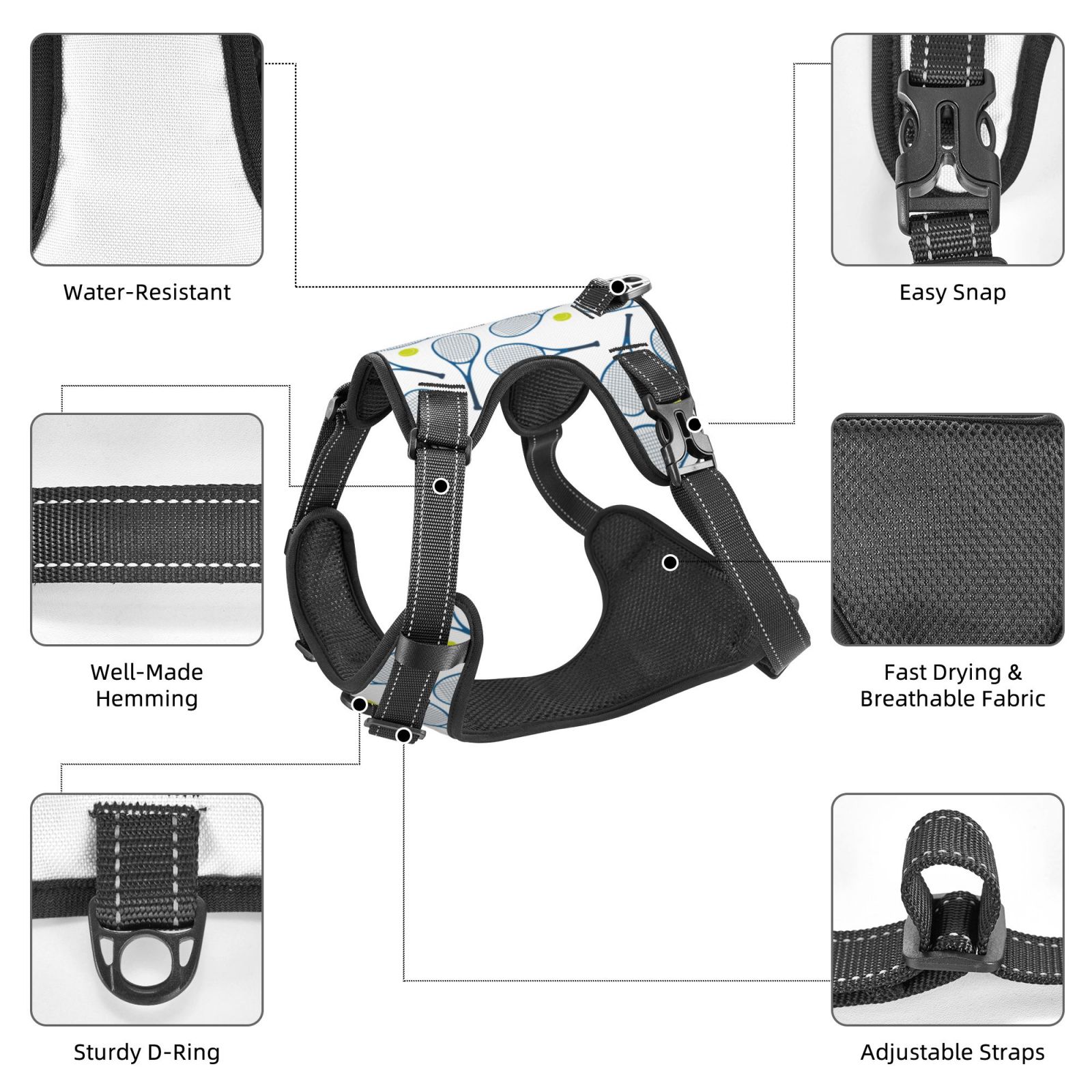 Kdxio Tennis Rackets And Balls Print No Pull Dog Harness Adjustable Reflective Oxford Easy Control Medium Large Dog Harness for Training and Everyday-X-Large
