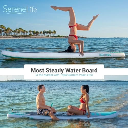 SereneLife 105 Inflatable Stand Up Paddle Board and Detachable Seat  Free Flow SUP Paddleboard Set for Adults, Non-Slip EVA Deck Pad, Marine-Grade Build, 30" Wide Design, 275+ lbs. Capacity
