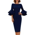 thumbnail image 2 of Karymi Sundresses for Women Elegant Solid Midi Sheath Dress, Crew Neck Tiered Bell 3/4 Sleeve Slim Fitting Knee Length Formal Party Wedding Guest Dress, 2 of 5