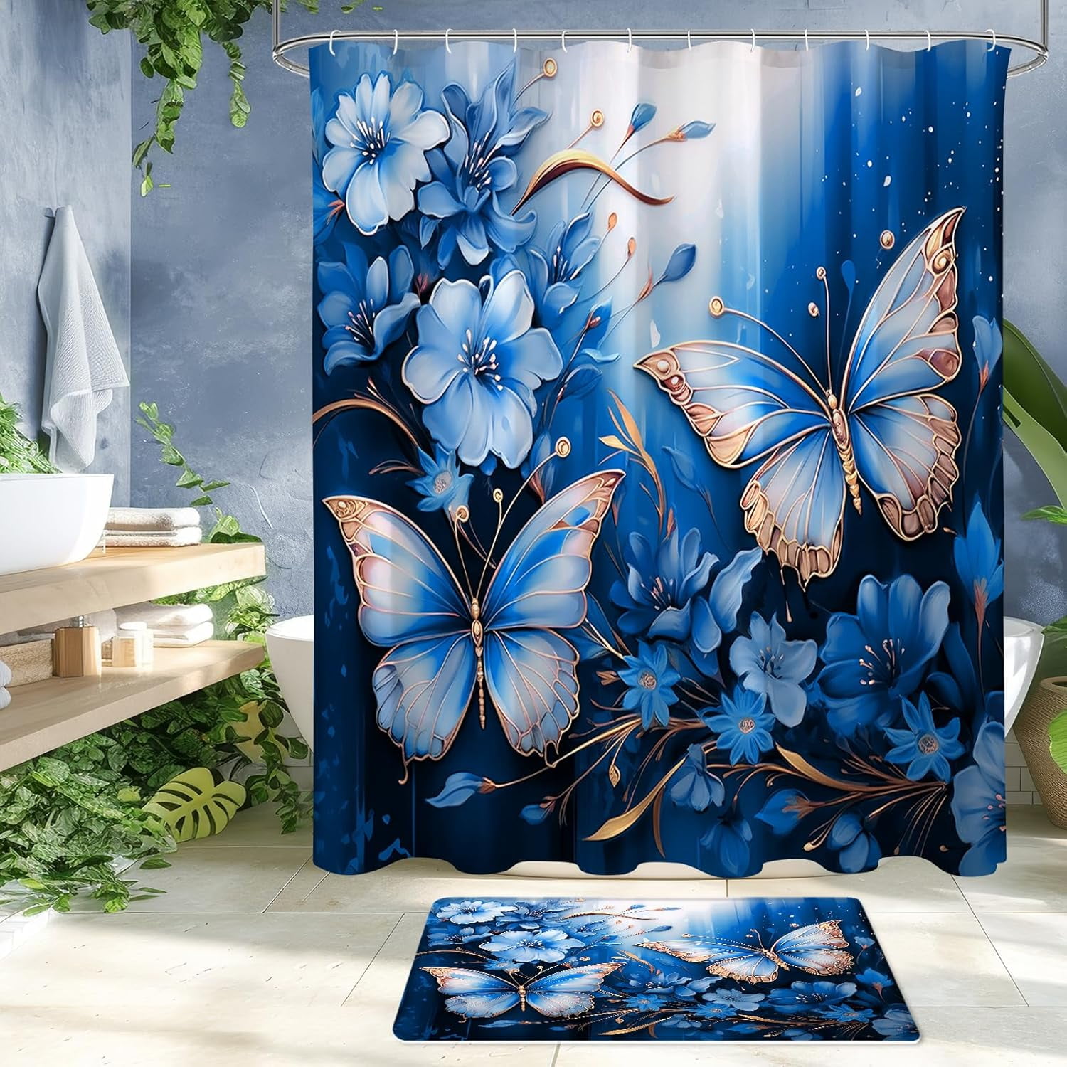 4 Pcs Blue Floral Butterfly Shower Curtain Set with Non-Slip Rugs, Modern Toilet Lid Cover and Bath Mat, Sparkling Bathroom Decor Set with Shower Curtain and Rugs