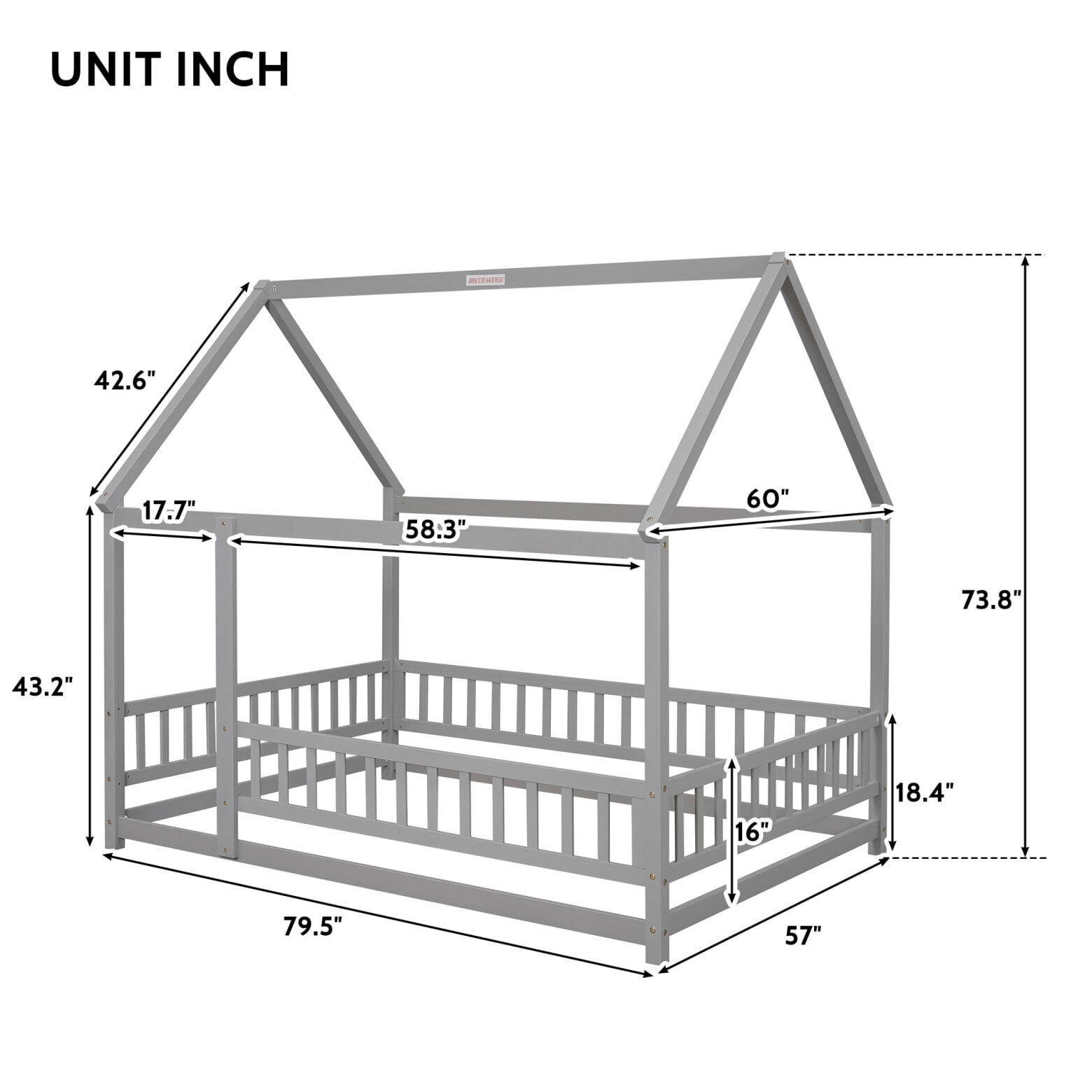 Full Size Floor Bed Frame with Roof for Kids, Wooden Montessori Bed with Fence Guardrails, Low Platform Playhouse Bed for Boys and Girls, No Slats Included, Gray