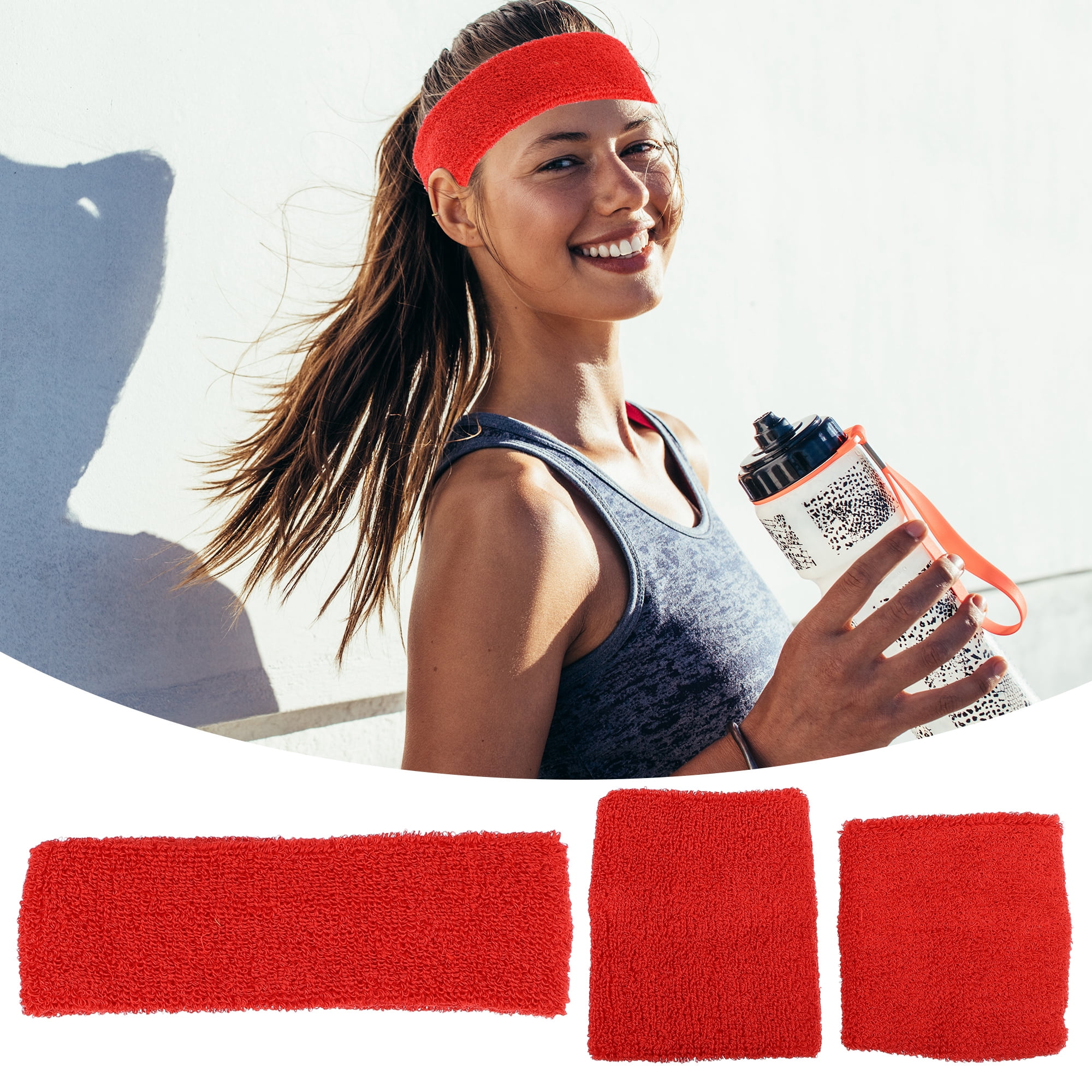 Unique Bargains 3 Pcs Sport Headband Wristband Sweatband Cotton Blend Big Red