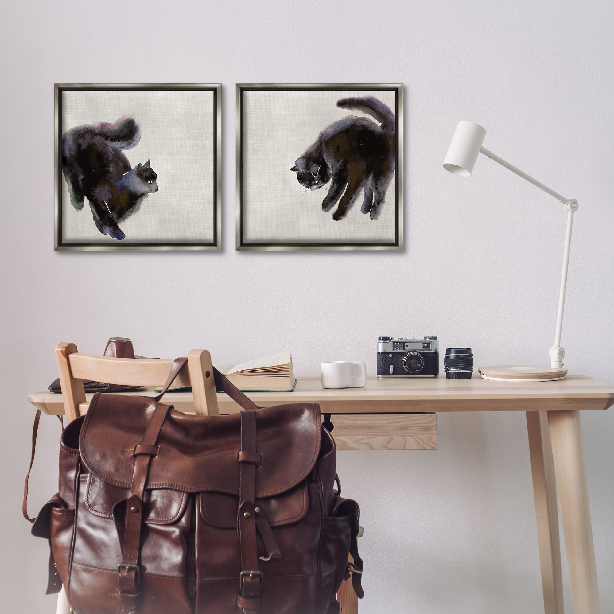 Stupell Industries Fuzzy Black Cats on Beige Animals Painting Gray Floater Framed Canvas Art Print Wall Art, 18 x 18, Set of 2