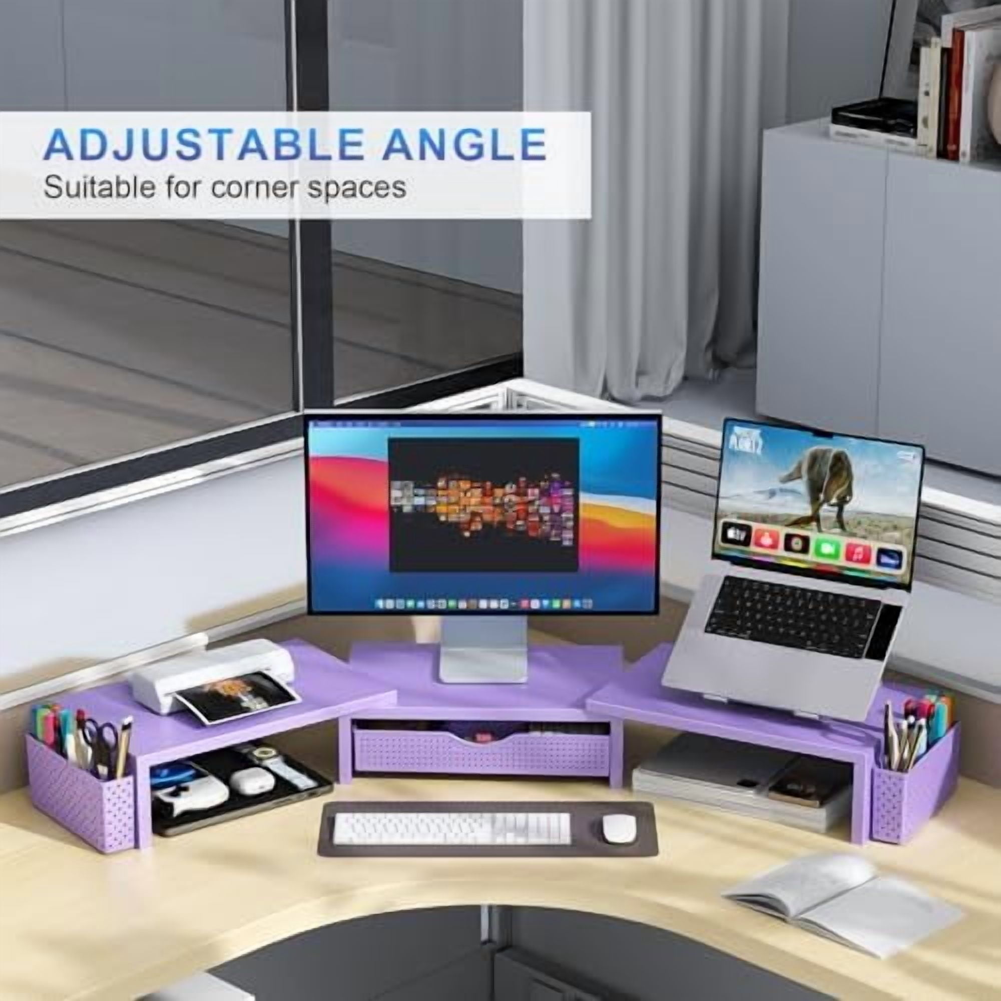 Dual Monitor Stand Riser, Desk Organizer With Drawer and 2 Pen Holders, Desk Organizers and Accessories, Purple Office Decor (Purple)
