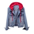 thumbnail image 2 of Women's Retro Hooded Denim Jacket Button Up Long Sleeve Loose Lapel Washed Denim Shacket Coat Light Blue XXXXXL, 2 of 4