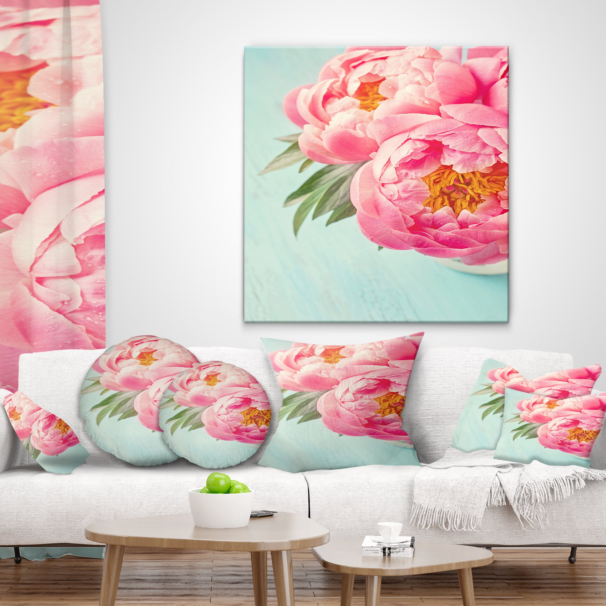 Designart Peony Flowers on Blue Background - Floral Throw Pillow - 16x16