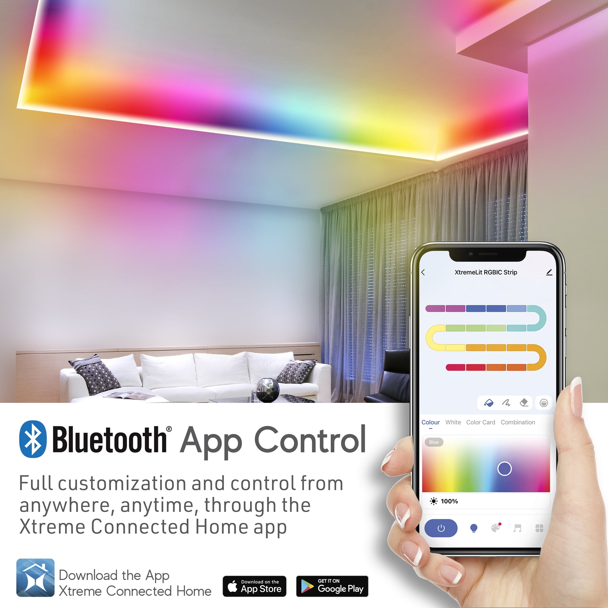 Xtreme Lit 100ft LED Strip Lights, Multicolor Flow LED Lights for Bedroom, Bluetooth App Control