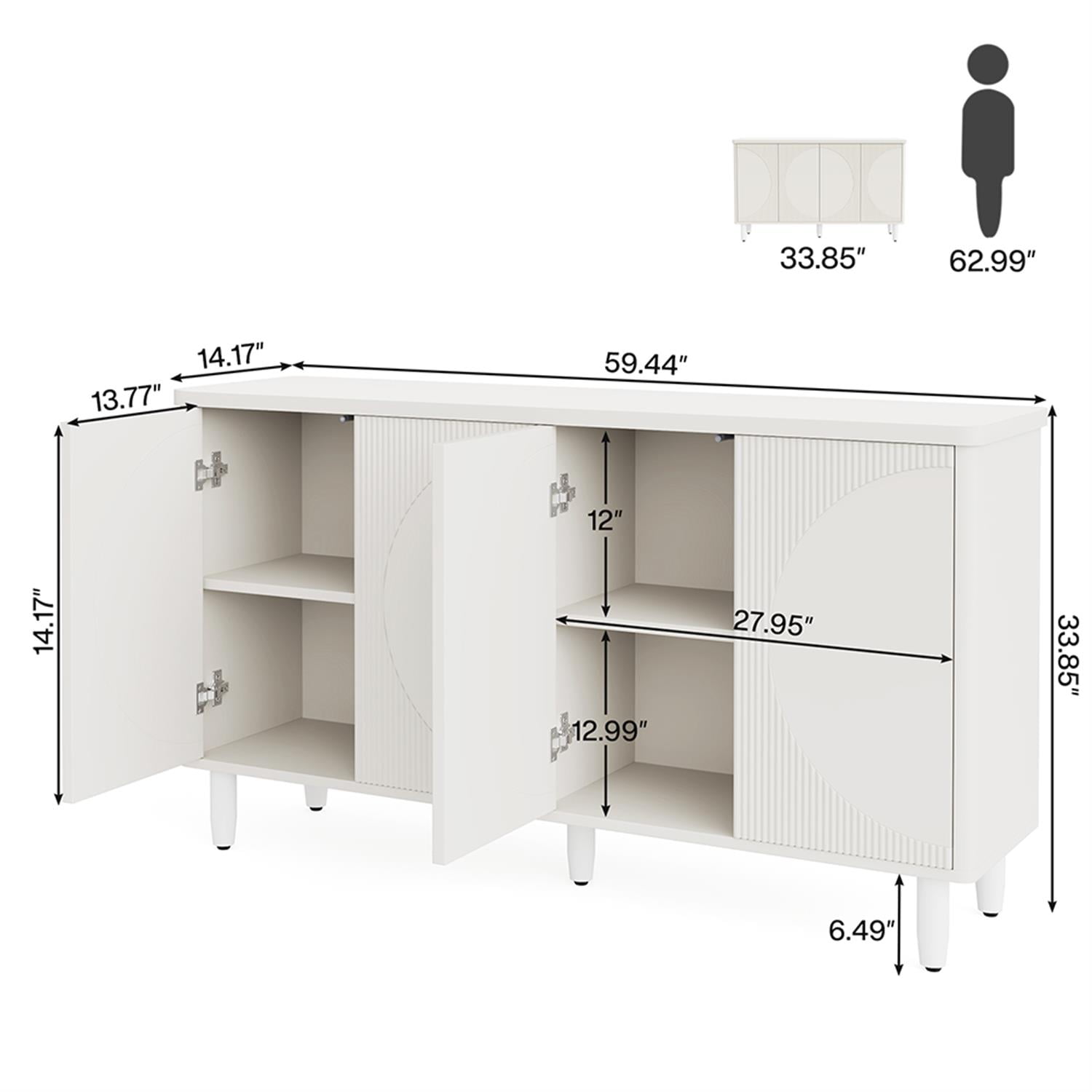 Demi Bonn 59" Sideboard Buffet Storage Cabinet with Doors, Modern Credenza Accent Cabinet for Kitchen Entryway Living Dining Room, White