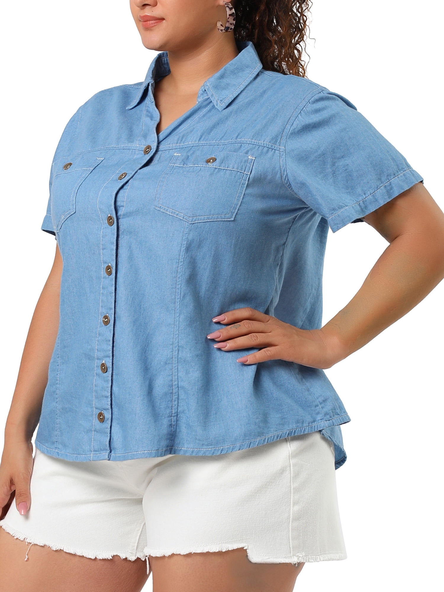 DARING DIVA Women's Plus Blouse Chest Pocket Button Down Demin Shirt 1X Light Blue