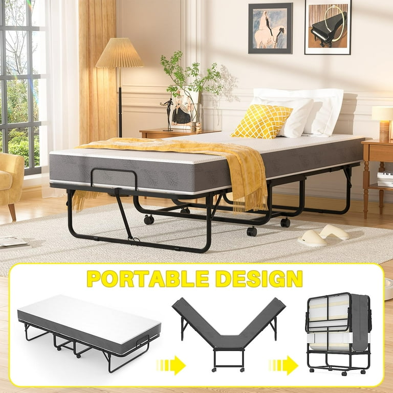 Folding Bed with Mattress, Portable Rollaway Bed for Adults