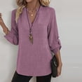 thumbnail image 2 of CIENVNSTG Women's Cotton Linen Shirts Tops with 3/8 Length Sleeve Button Down V Neck Lightweight Blouse for Vacation Work School Business Casual Wear Everyday with Style Purple XL, 2 of 4