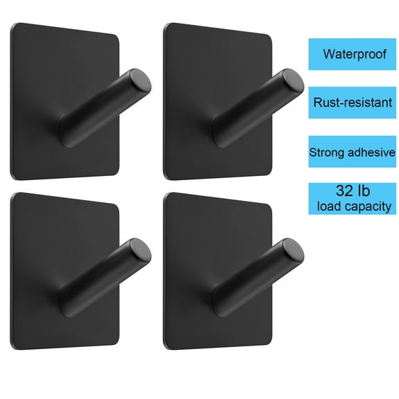Rongsi 4 Pack Self Adhesive Hooks,Heavy Duty Stick On Wall and Door Hooks for Hanging,Bathroom Towel Hooks and Kitchen Hallway Sticky Black Hooks