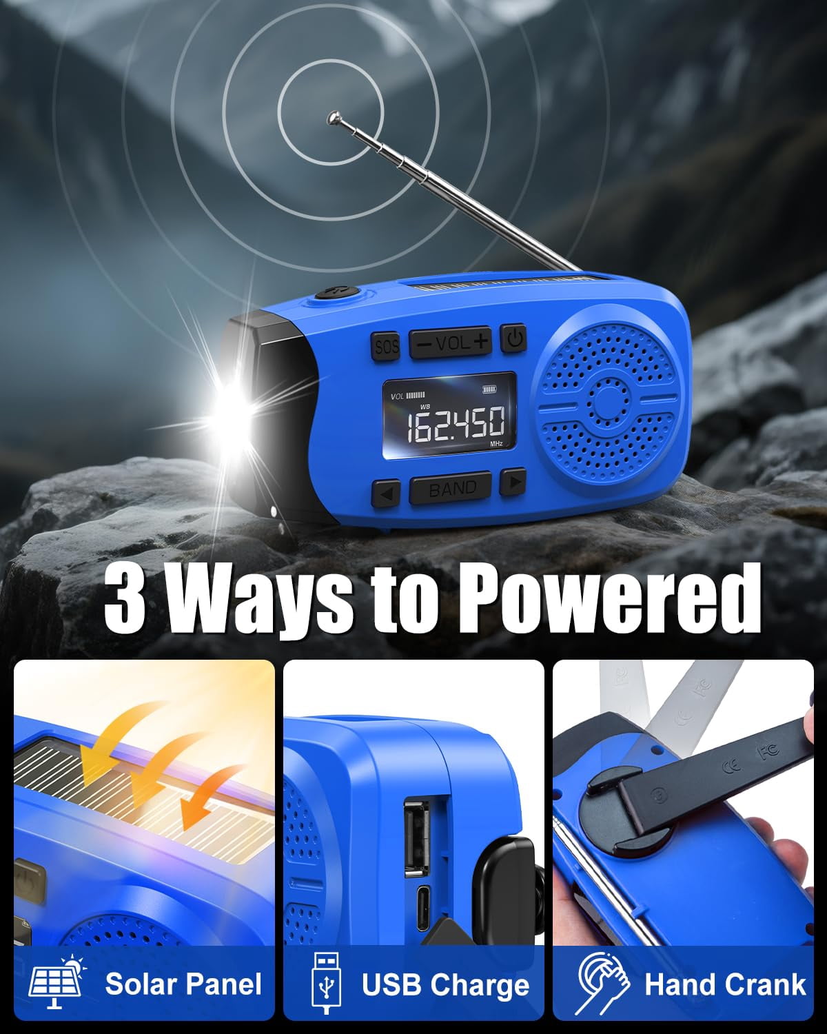 Emergency Weather Radio  7400mwh Hand Crank With Lcd Display Support Alert Usb/solar/hand 1w Flashlight&sos Alarm For Outdoor&home (blue)
