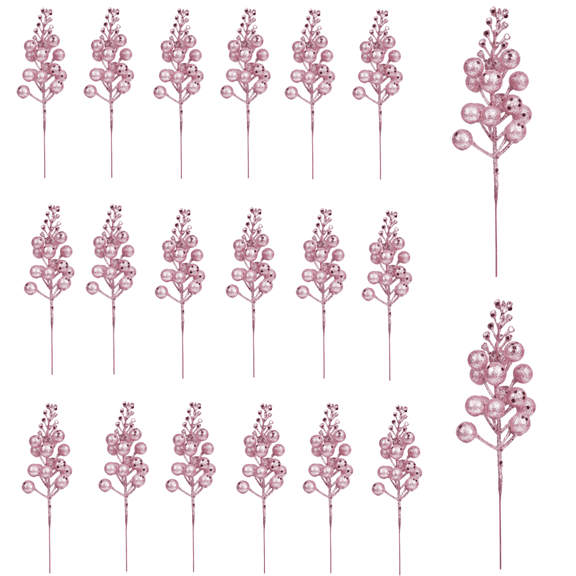 Trianu 20 Pack Christmas Glitter Berries Stems Artificial Christmas Tree Picks for Holiday Ornaments DIY Xmas Wreath, Crafts (Pink)