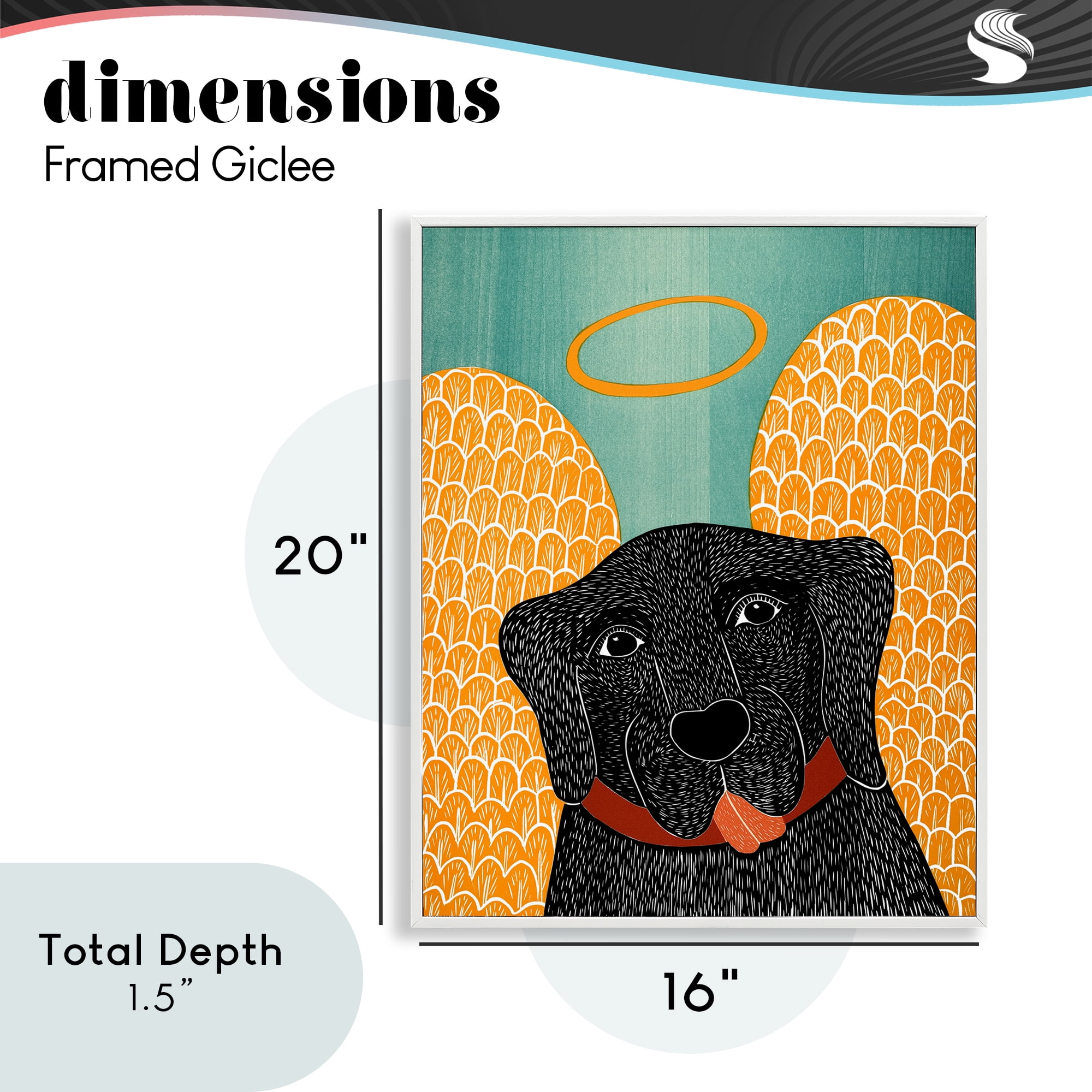 Dog Angel with Yellow Wings White Framed Giclee Art, design by Stephen Huneck