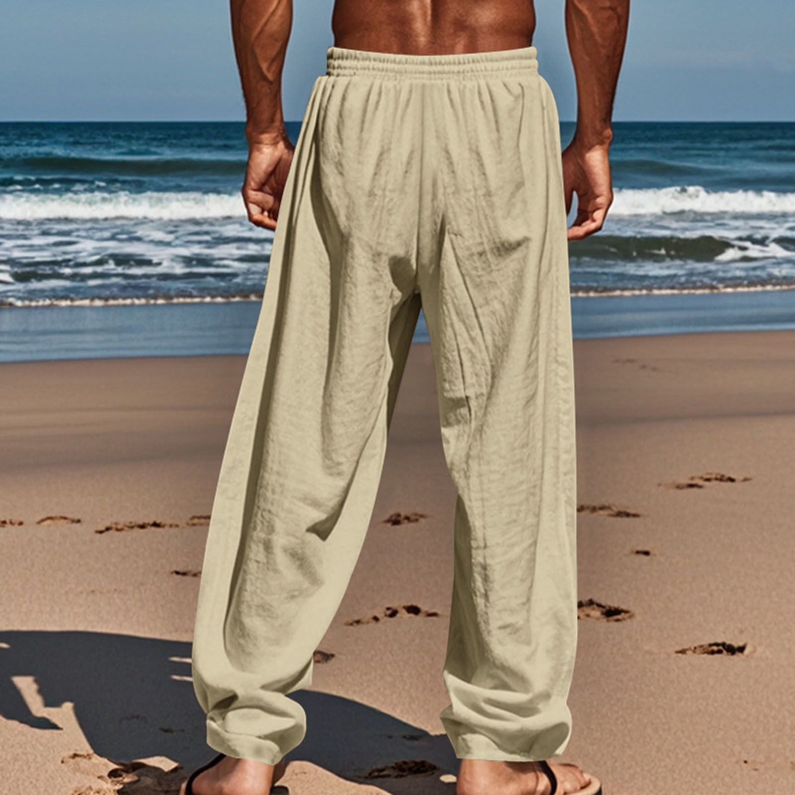 ibuvkizy Linen Pants Men with Pockets Open Bottom Drawstring
