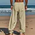 thumbnail image 4 of Mens Linen Pants with Pockets Solid Loose Fit Wide Leg Sweatpants Drawstring Trousers Casual Beach Travel Outfits (2XL, Khaki), 4 of 7
