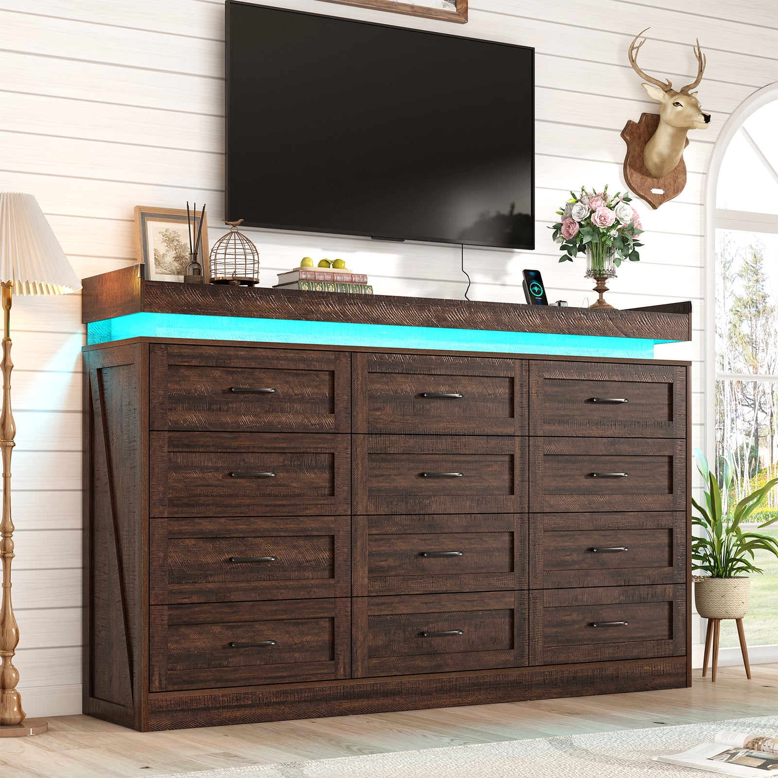 ChVans 12 Drawer Dresser with LED Light and Charging Station, 71" Wide 46" Tall Farmhouse Large Chest of Drawers for Closet, Large Wide Drawer Organizer Cabinet for Bedroom, Living Room