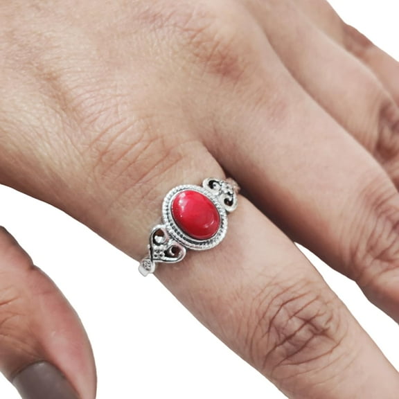 Natural Coral Ring, Red Coral Gemstone Ring, Tiny Bohemian Ring, 925 Sterling Silver, Designer Womens Ring, Christmas Thanksgiving, Handmade Statement Jewelry, Natural Coral