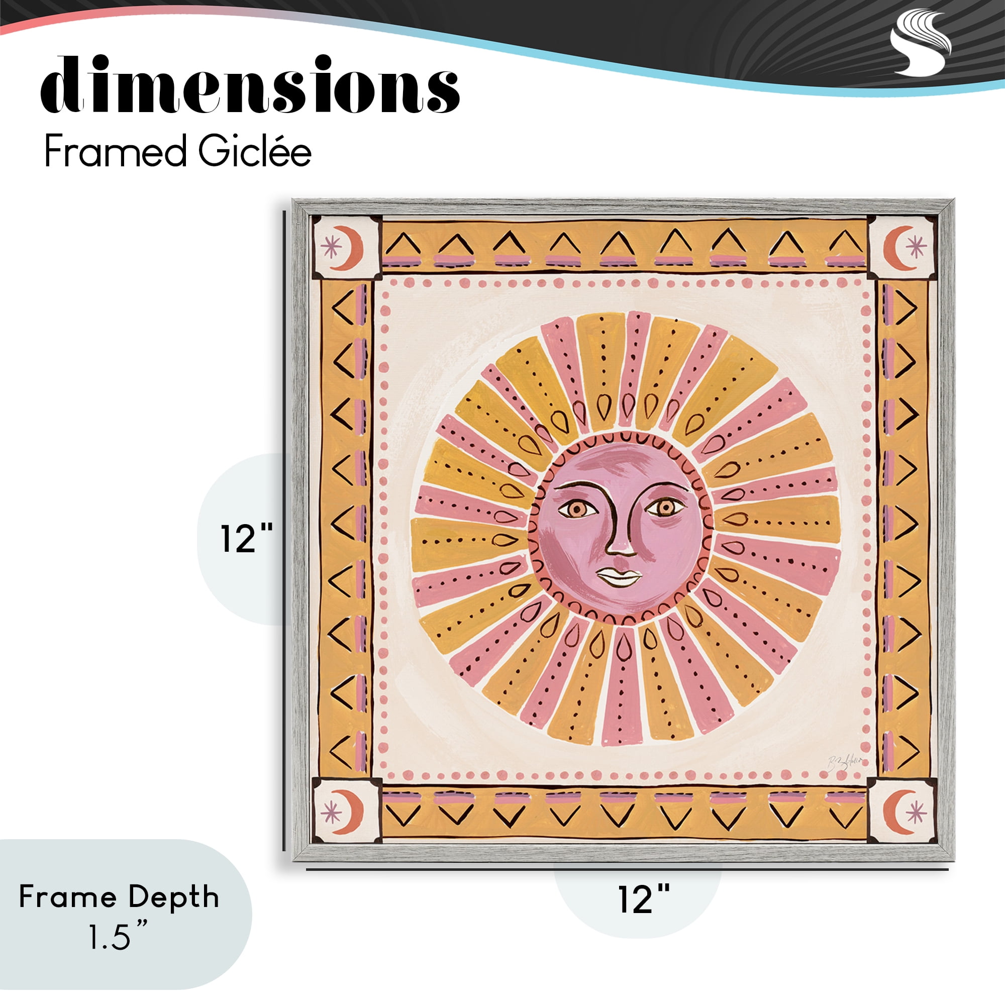 Stupell Industries Pink Sun Face with Geometric Border Gray Framed Giclee Art, design by Two If By Sea Studios