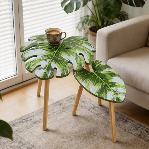 Monstera Leaf Nesting Tables Set of 2, Small Side Tables f Set with Leaf Vein Pattern, Modern Wooden CoffeeTables for Living Room Bedroom Apartment Balcony Yard