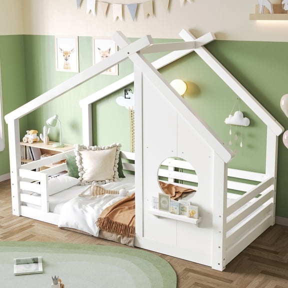 Miniyam Twin Floor Bed for Kids with Guardrails and Roof, Montessori House Bed Frame, White