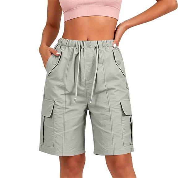 Xdegoge Women's Long Cargo Shorts Knee Length Casual Summer Elastic Waist Drawstring Bermuda Shorts with Multi Pockets for Hiking Outdoor Athletic