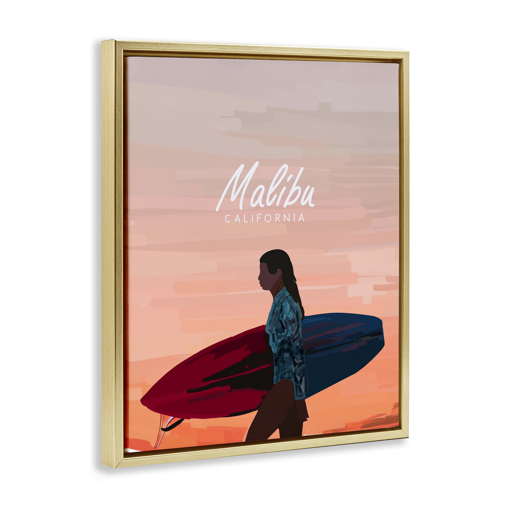Stupell Industries Malibu Surfer Girl Sports Painting Gold Floater Framed Canvas Art Print Wall Art, 25 x 31