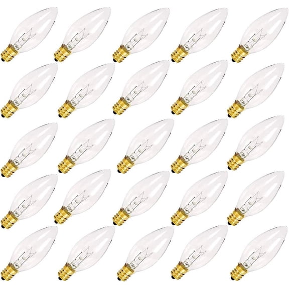25 Pack Clear Torpedo Tip Replacement Bulbs, Replacement Light Bulbs for Electric Candle Lamps, Window Candles, Chandeliers- Clear Incandescent E12 Candelabra Base Light Bulbs- 120V 7 Watts Bulbs
