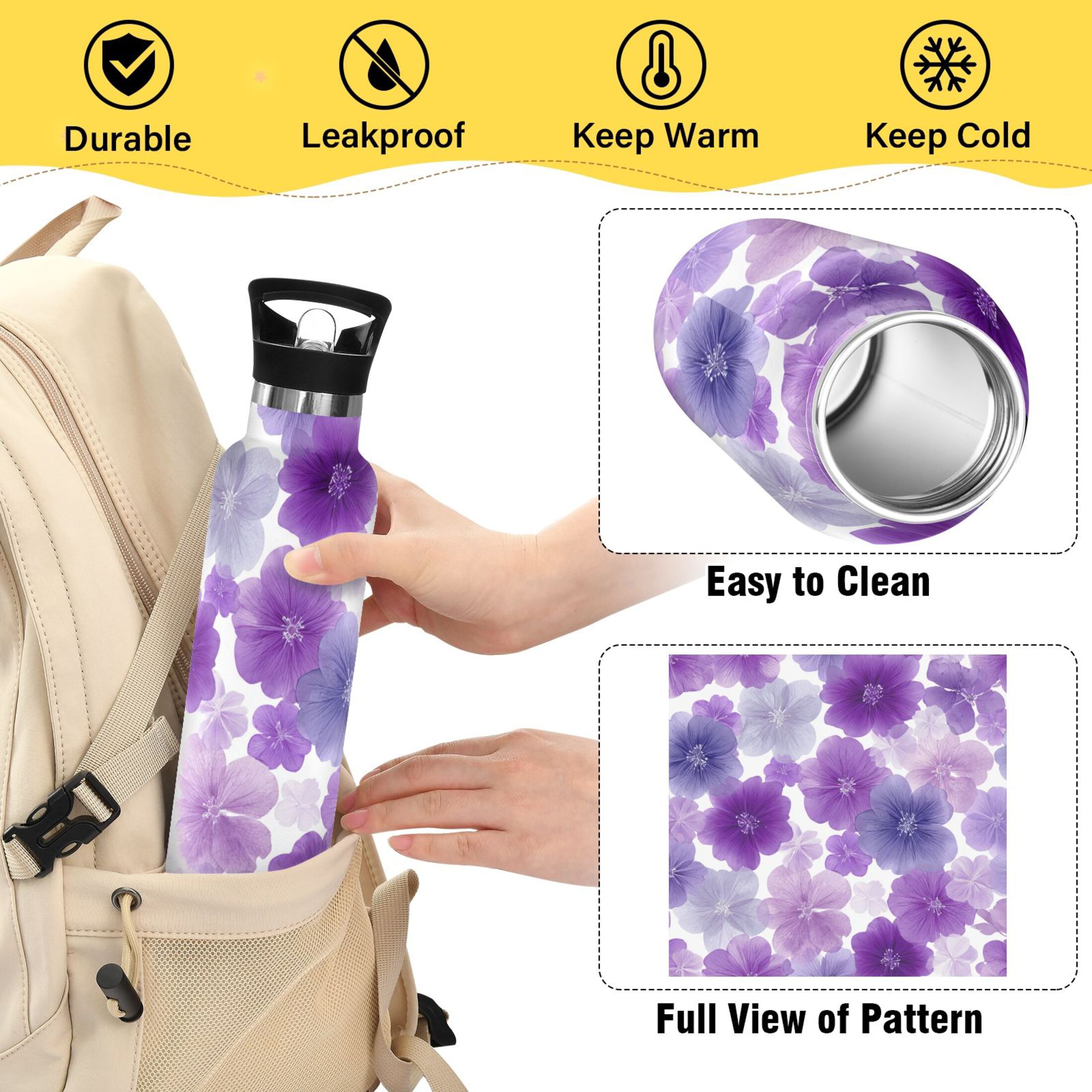 600ML Stainless Steel Insulated Cup Sports Water Bottle Portable Thermos Cup Water Glasses Insulated Tumblers Convenient and Durable Purple Flowers Pattern
