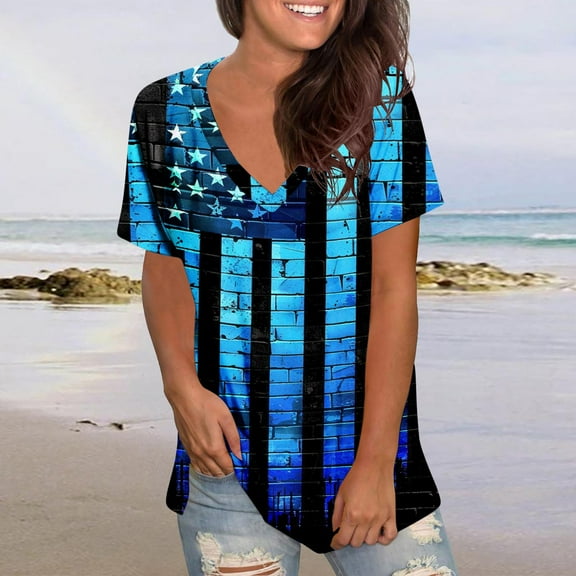 Qetyuw Independence Day Shirts for Women Funny Patriotic USA Flag Pattern Tshirts Elegant Short Sleeve Tees Stylish V Neck Blouses Tops Business Casual Tops for women
