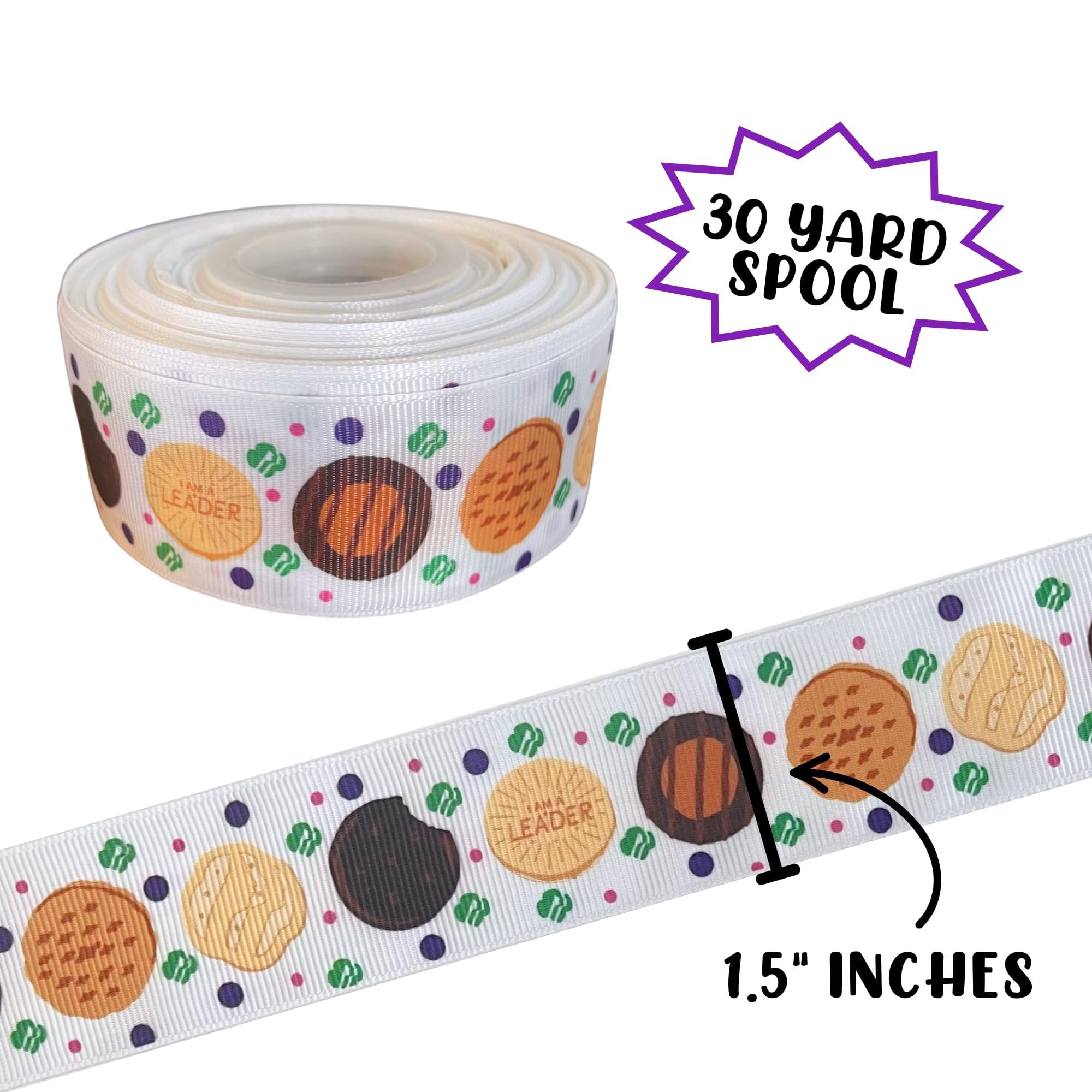 Girl Ribbon Scout Symbol Cookies 30 Yards 1.5 for Bows Cookie Dealer Hair Making Polyester Grosgrain White Full Spool Troop Crafting Bulk