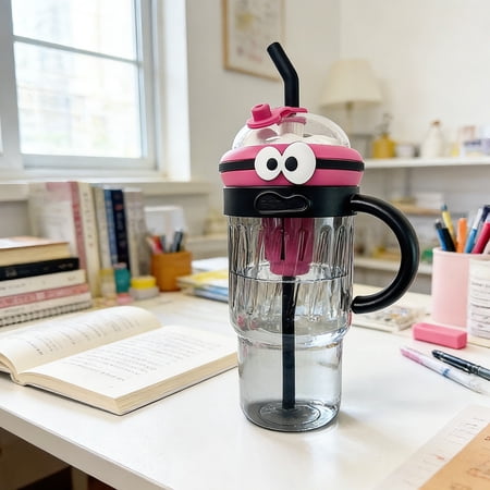 HOARBOEG Cute Big Eye Water Bottle with Straw Handle Portable Plastic Tumbler Cups with Built-in Tea Infuser for Office Gym Travel 40 Oz