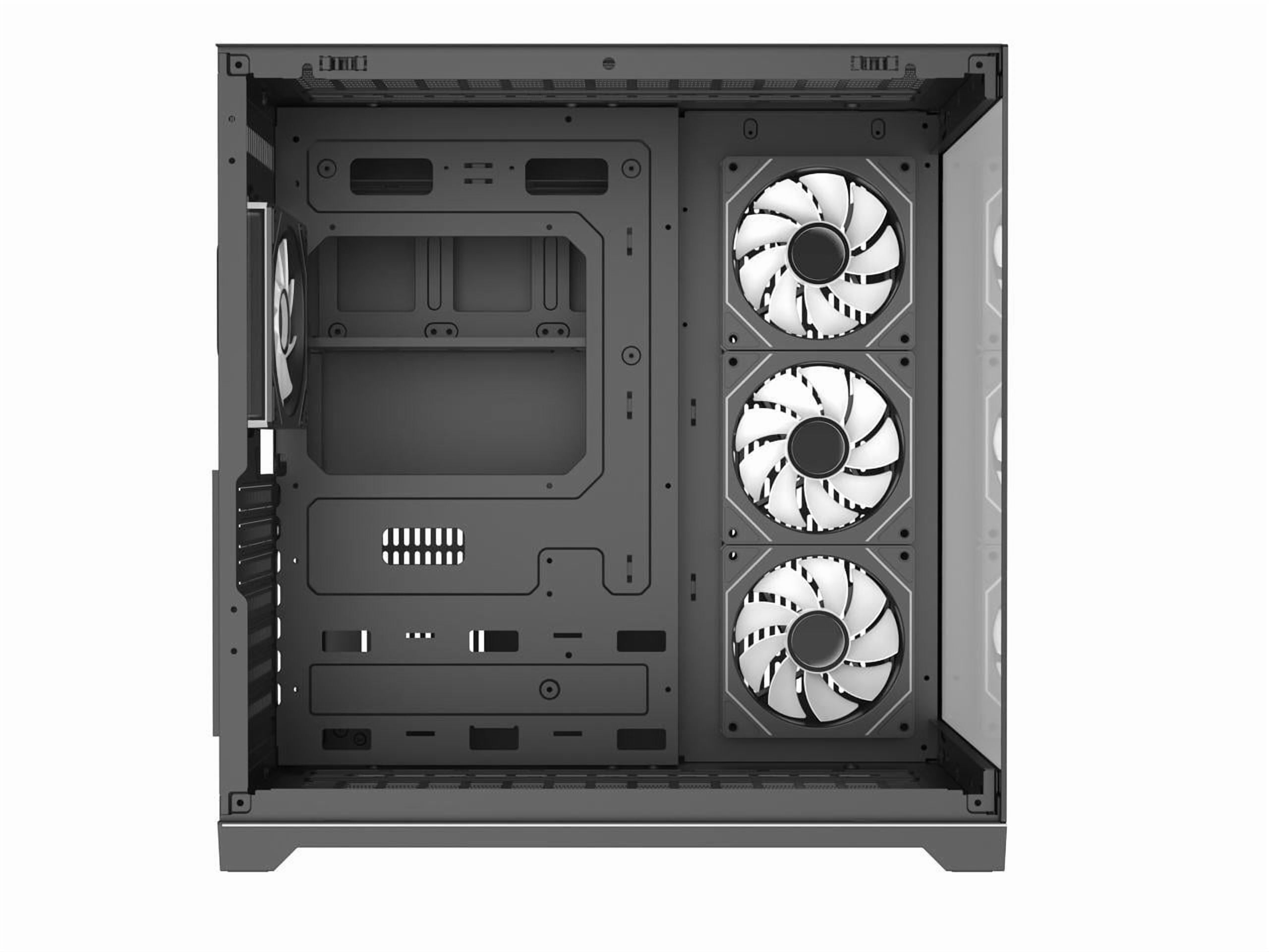 DIYPC ARGB-DC200-BK Black Dual USB3.0 Tempered Glass ATX Gaming Computer Case w/ 4 x ARGB PWM Fans (Pre-Installed) and ARGB Light Strip at Bottom.